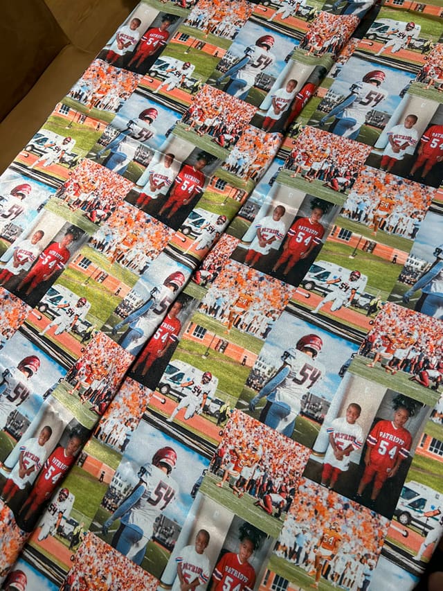 Lining fabric printed with a collage of football photos of the same player in a red and white uniform