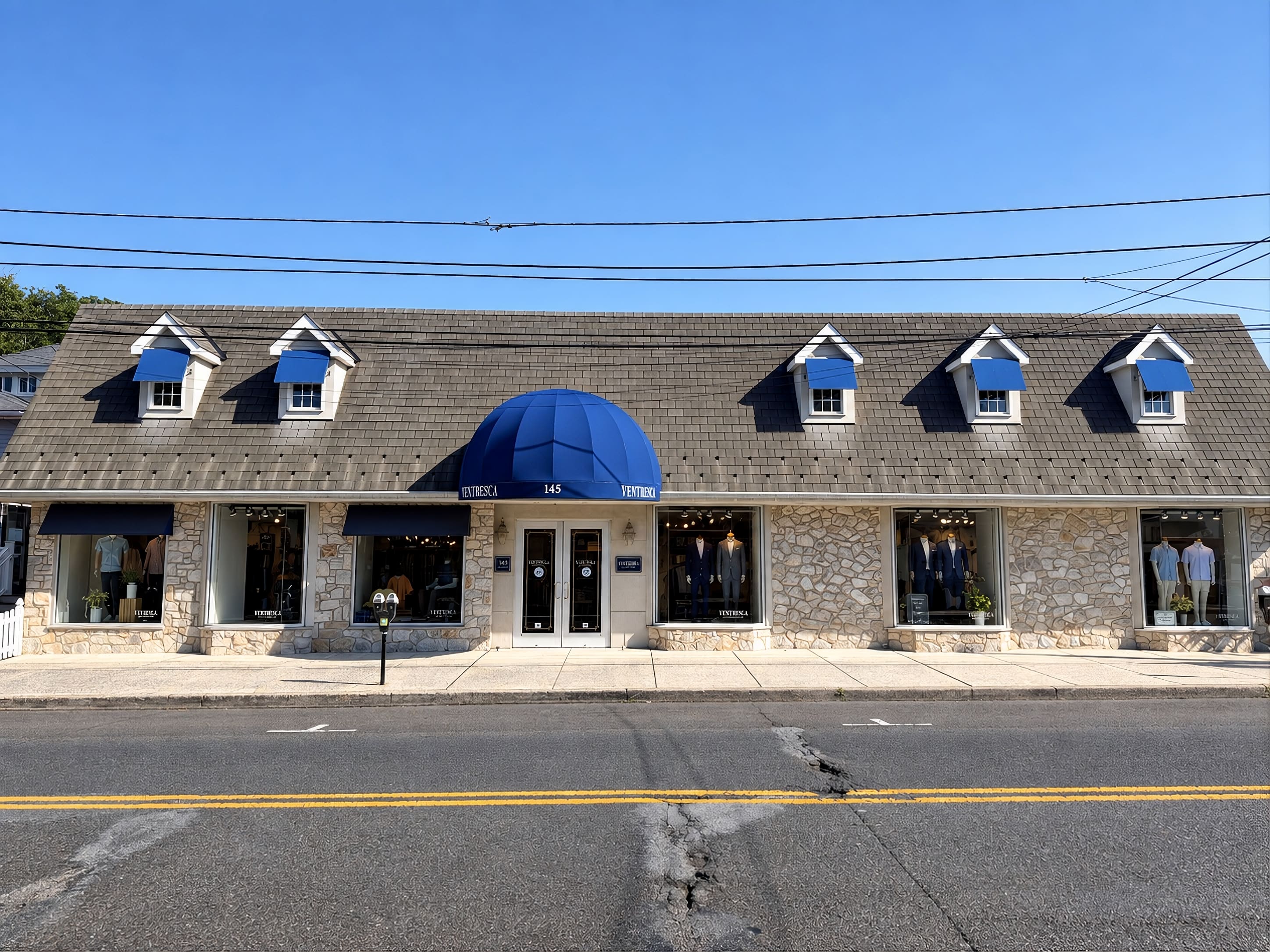The Ventresca Ltd. storefront on West State Street in Doylestown: a long stone building with a blue awning over the door, dressed windows on either side and dormers above